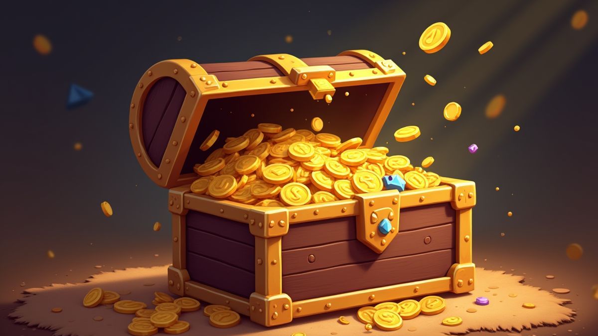 Un coffre au trésor animé rempli de pièces d'or et de bijoux.
