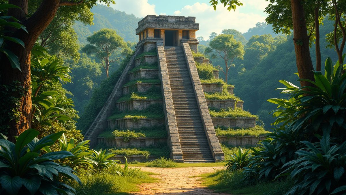 Ein aztekischer Tempel umgeben von üppigem Dschungel und goldenen Artefakten.