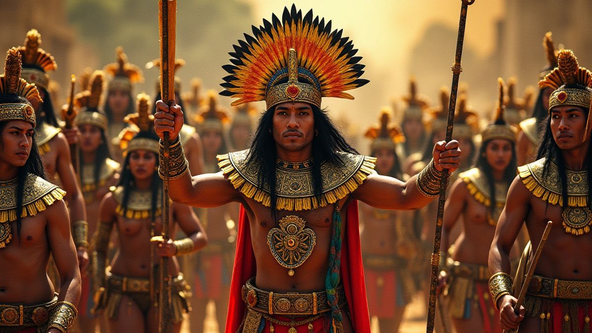 Aztekische Krieger umgeben von goldenen Artefakten.