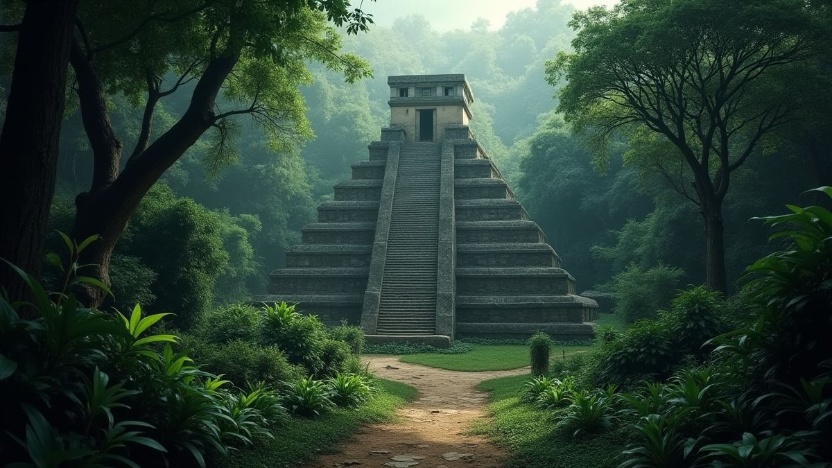 Templo azteca rodeado de vegetación y luz mística.