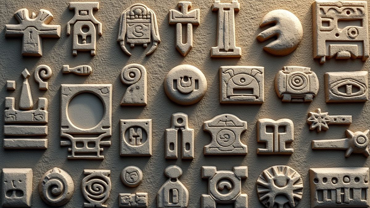 Símbolos de piedra tallados con diseños aztecas.