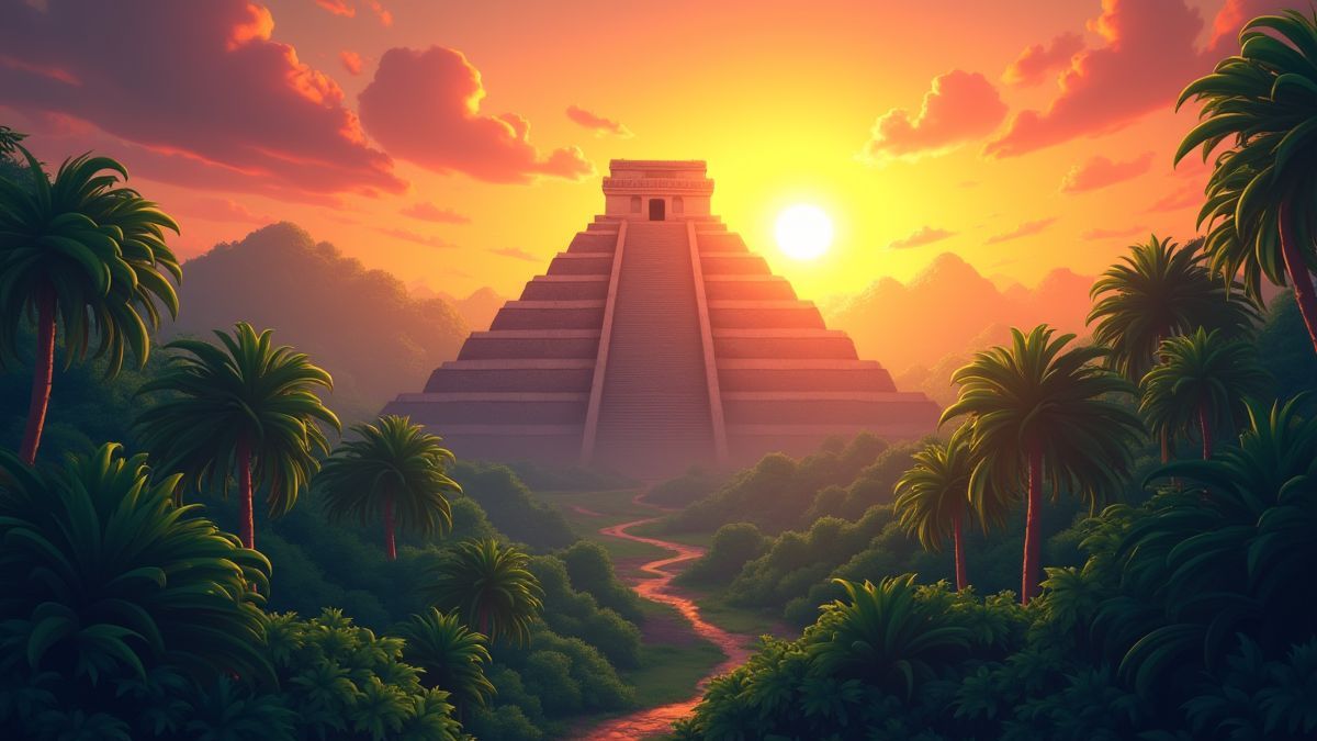Una pirámide azteca rodeada de una densa jungla bajo un atardecer brillante.