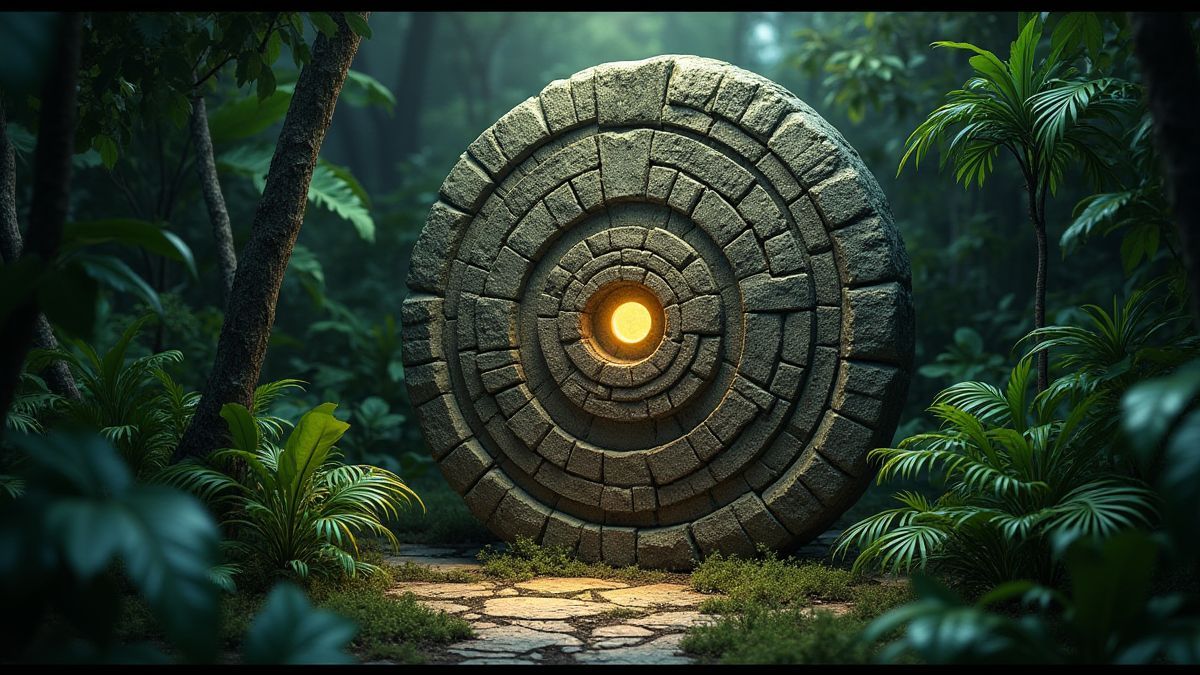 Rueda de piedra azteca rodeada por plantas de la jungla brillantes.