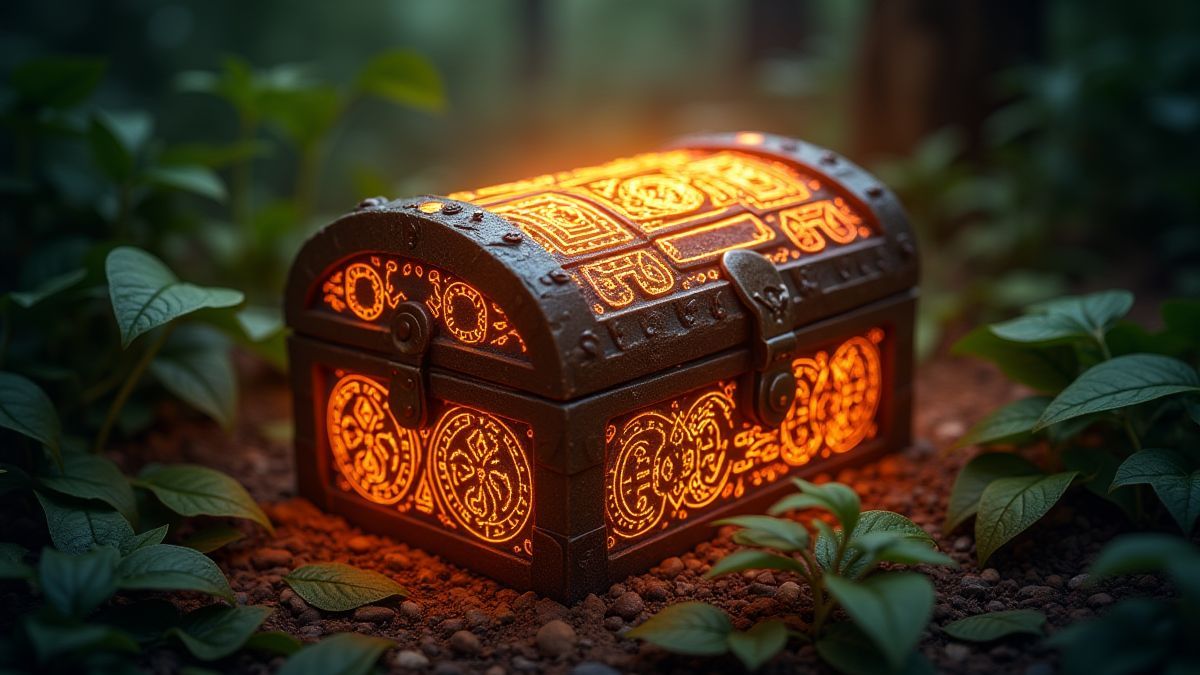 Cofre del tesoro brillante rodeado de símbolos aztecas y hojas de la jungla.