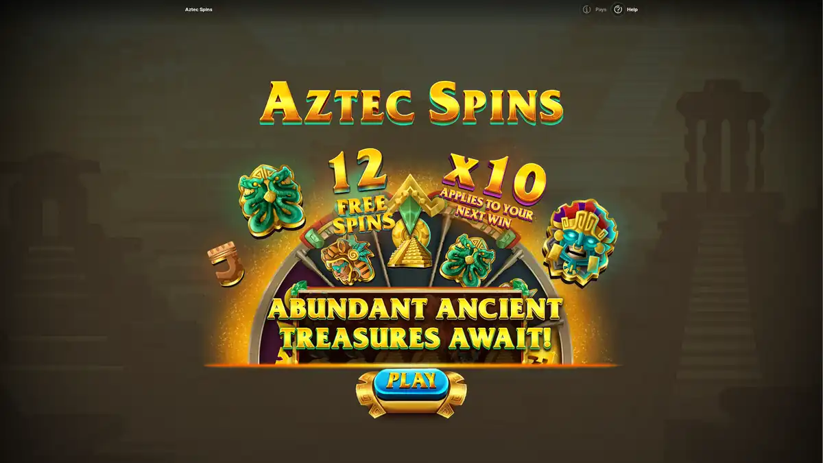 Introductiescherm van Aztec Spins met het Aztec Wheel, 12 gratis spins en een multiplier van x10