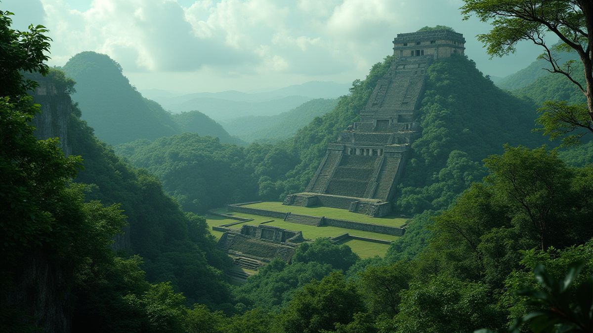 Ruínas astecas em meio a uma selva verde e misteriosa.