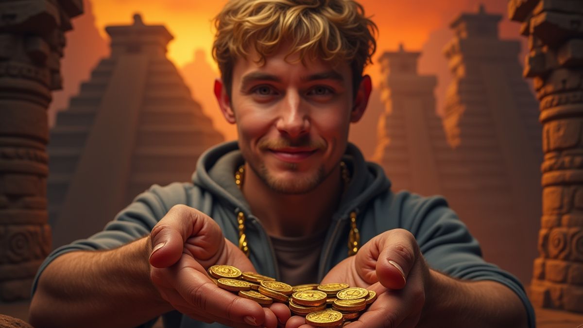 Jogador segurando moedas perto de um templo asteca brilhante.