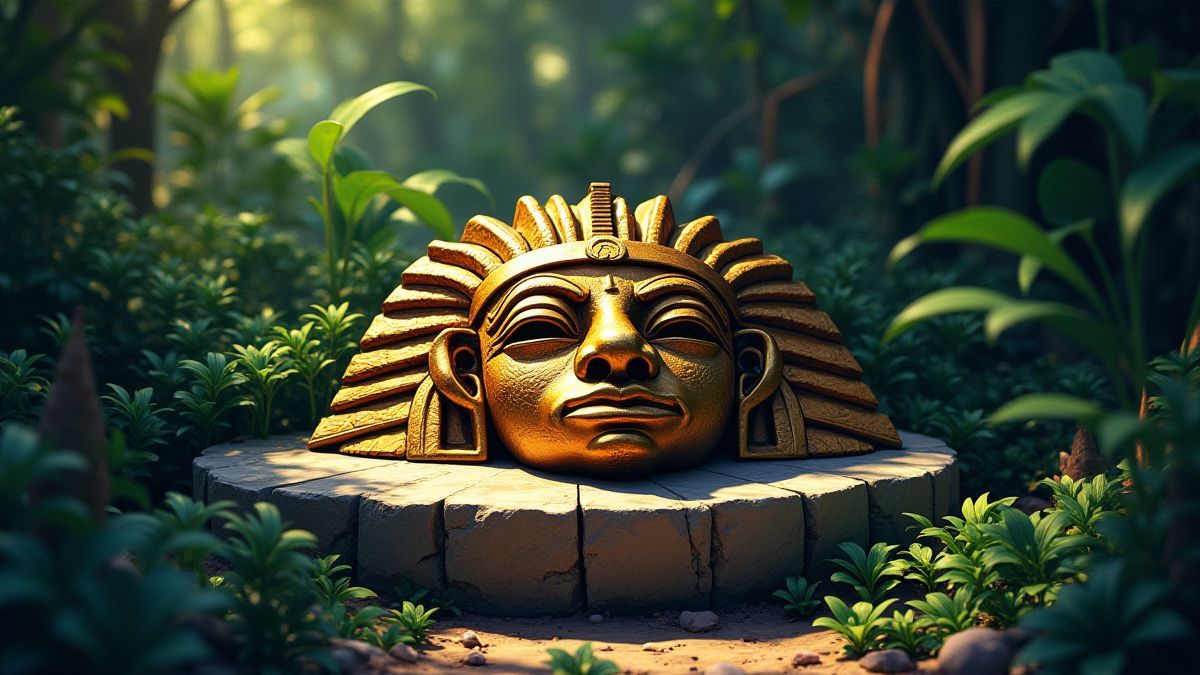 Máscara dorada azteca sobre un altar de piedra rodeada de flora selvática