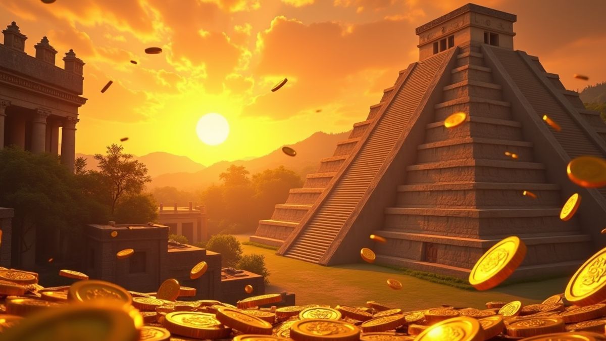 Monedas doradas cayendo sobre un templo azteca al atardecer