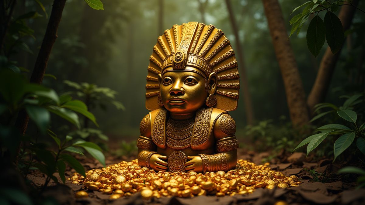 Un ídolo dorado azteca rodeado de tesoros en la jungla.