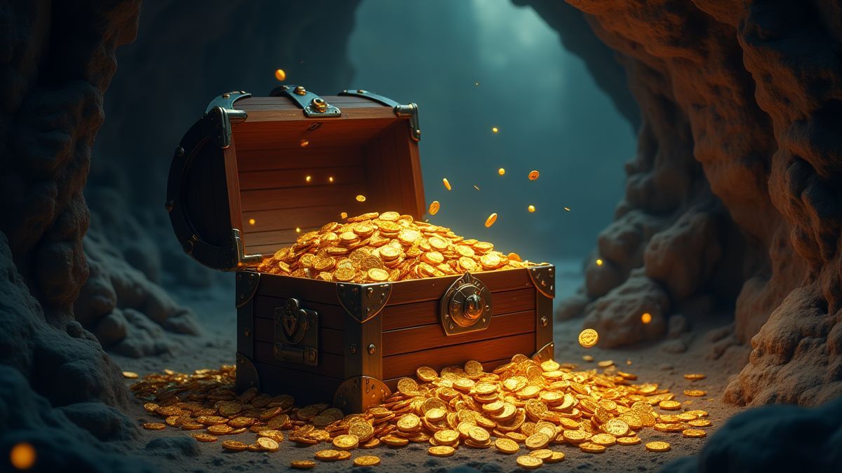 Un cofre del tesoro lleno de monedas de oro y joyas en una cueva misteriosa.