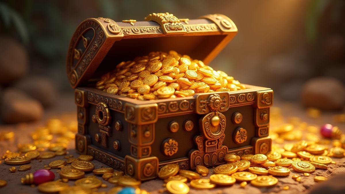Un cofre del tesoro azteca rodeado de monedas y joyas.