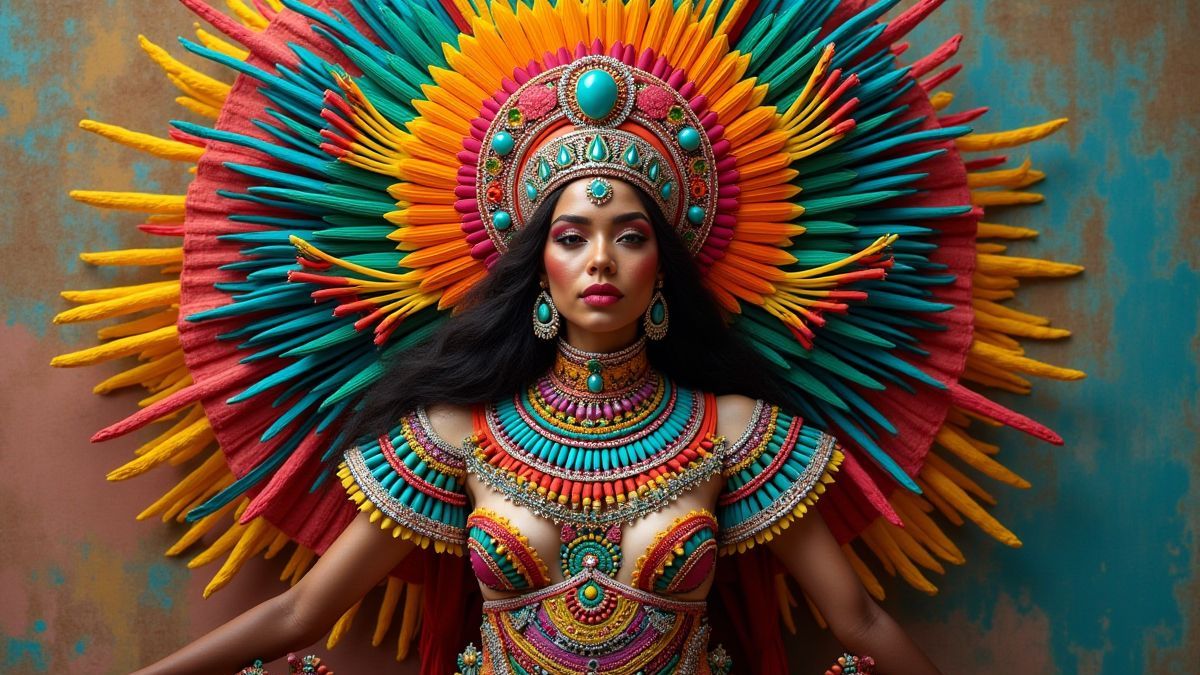 Una reina azteca con atuendo tradicional.