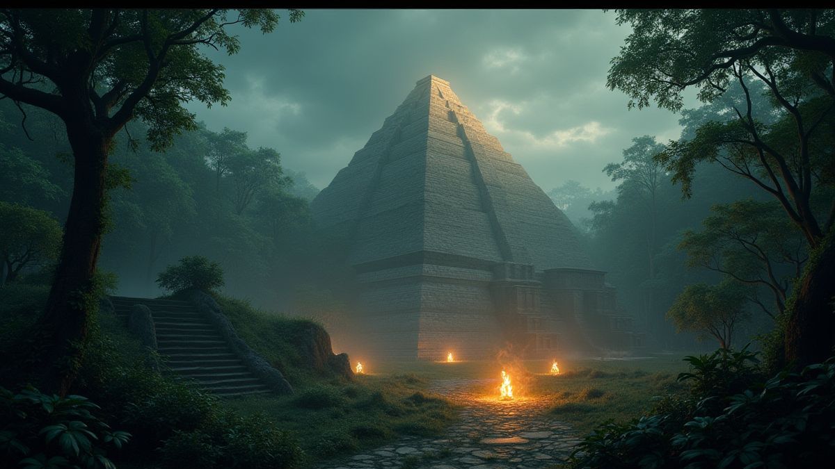 Azteekse jungle met piramides en gloeiende fakkels.