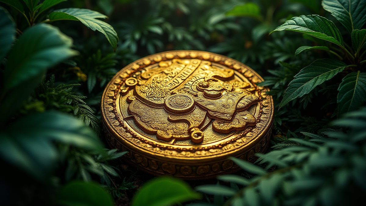 Gouden Azteeks artefact omringd door junglebladeren.