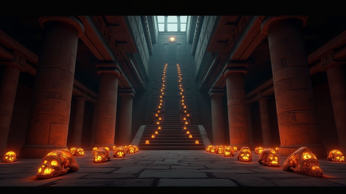 Interieur van een Azteekse tempel met gloeiende schedels op de vloer.