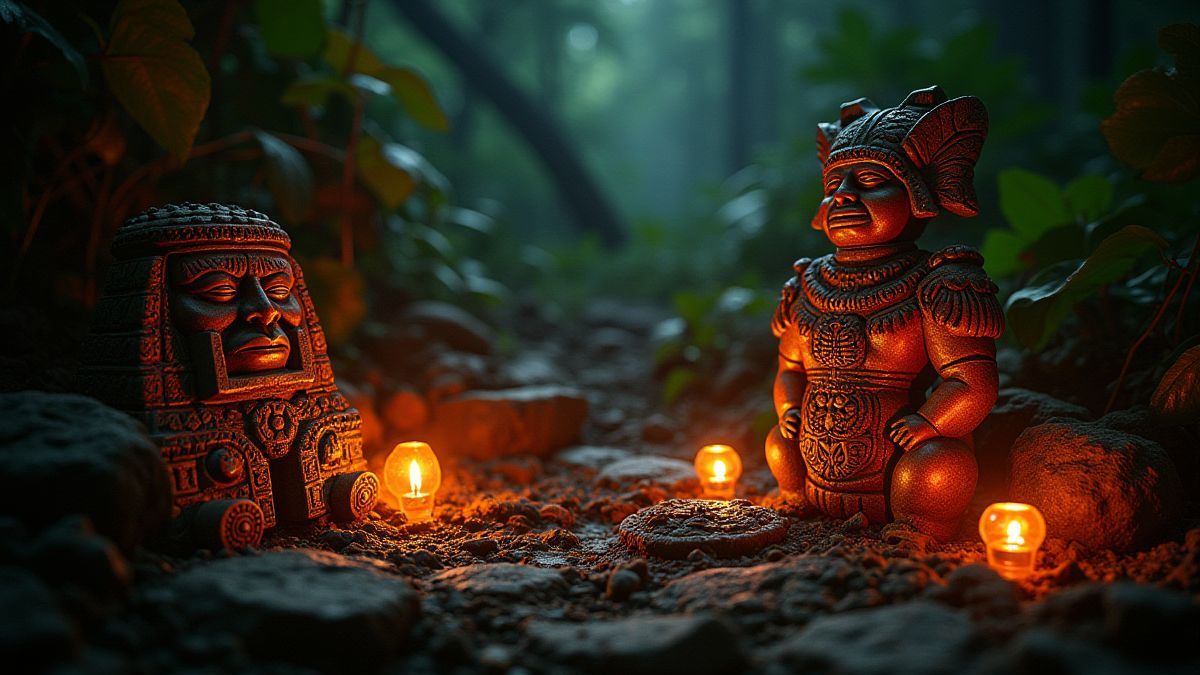 Artefactos aztecas brillando en un entorno selvático con iluminación mística.