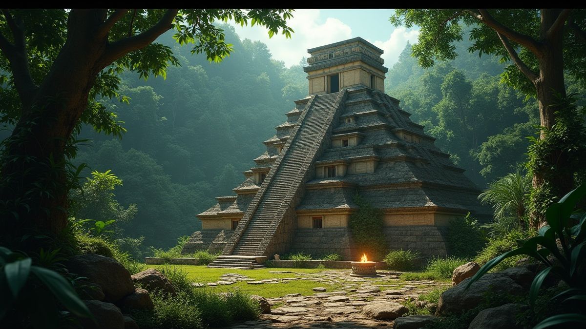 Un templo azteca rodeado de naturaleza y tesoros brillantes.