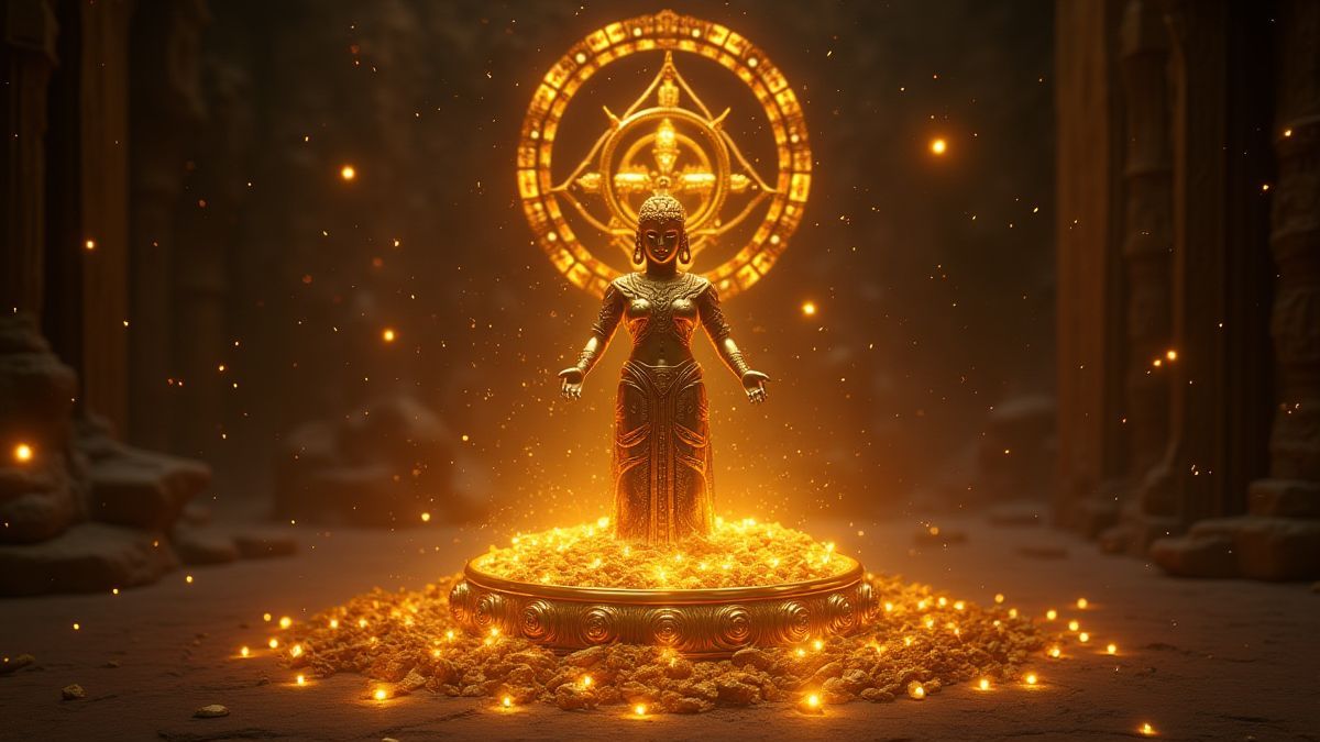Un ídolo dorado rodeado de símbolos místicos y tesoros.