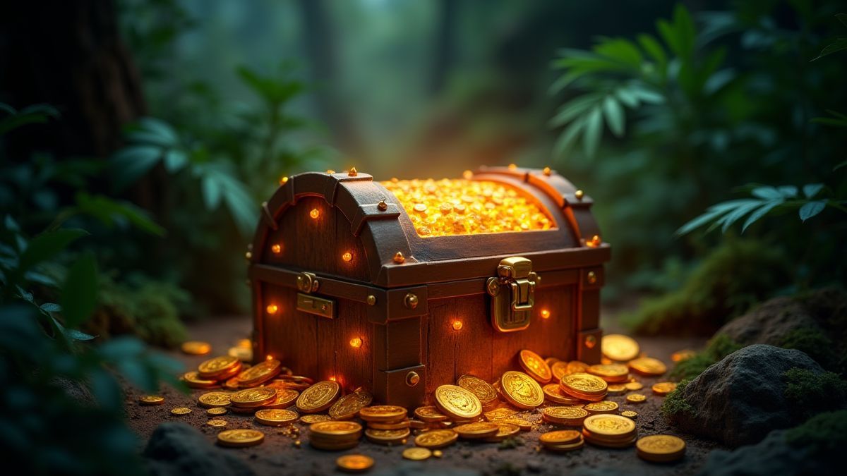 Un cofre del tesoro brillante rodeado de monedas de oro y naturaleza.