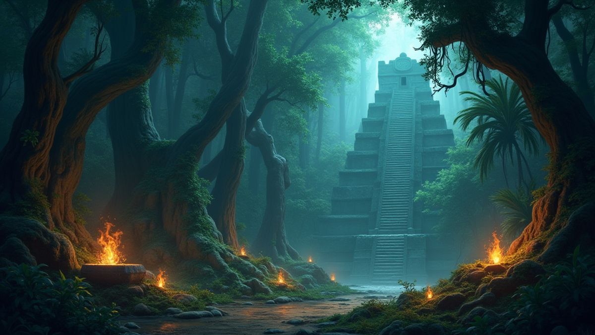 Jungla azteca con artefactos brillantes.