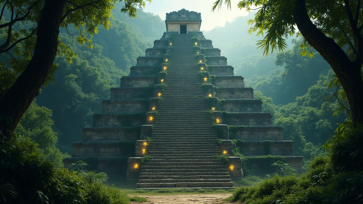 Ruïnes van de Azteken omringd door vegetatie met glinsterende symbolen.