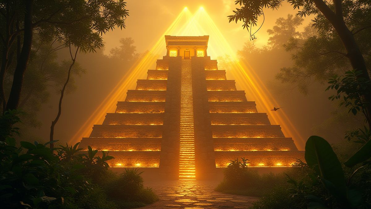 Gouden Azteekse tempels die stralen met mystieke lichten.