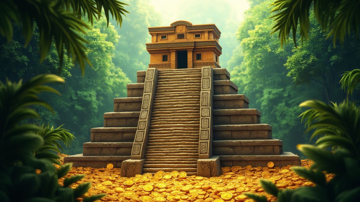Templo azteca rodeado de monedas de oro y vegetación selvática.
