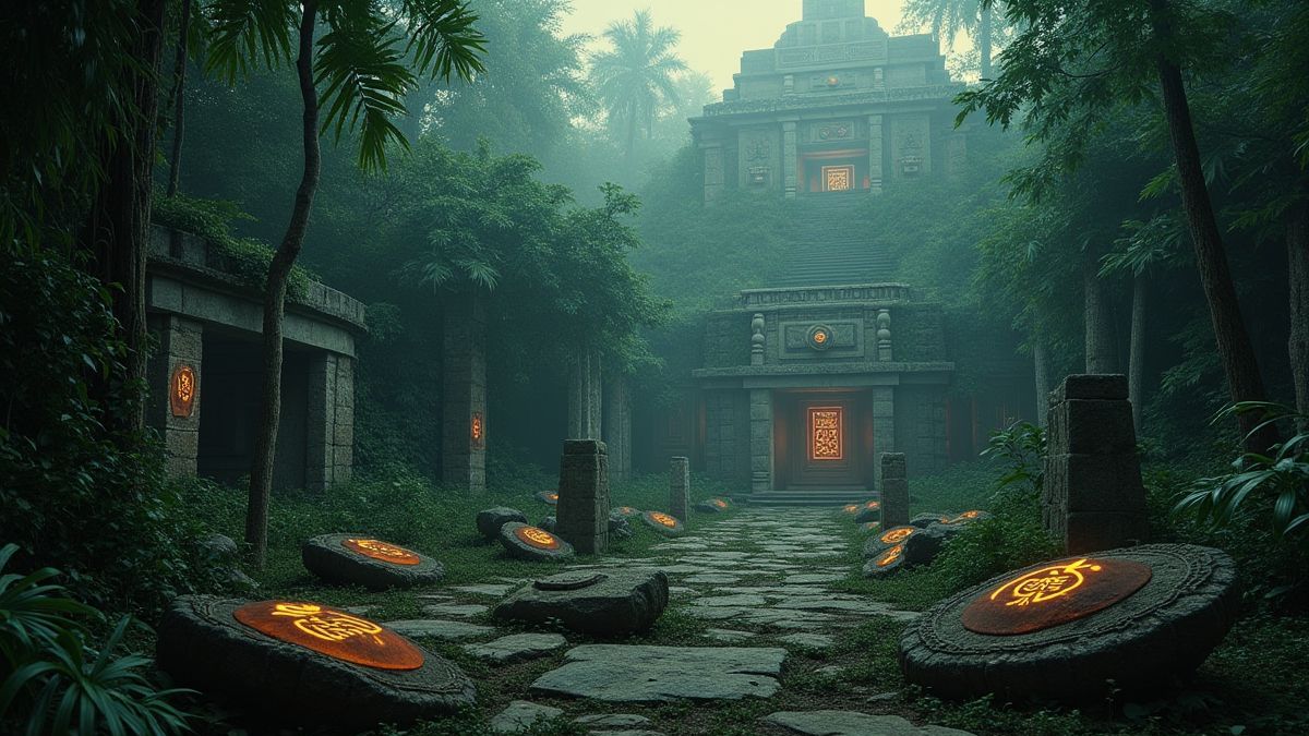 Jungla antigua con ruinas aztecas y símbolos brillantes en piedras.