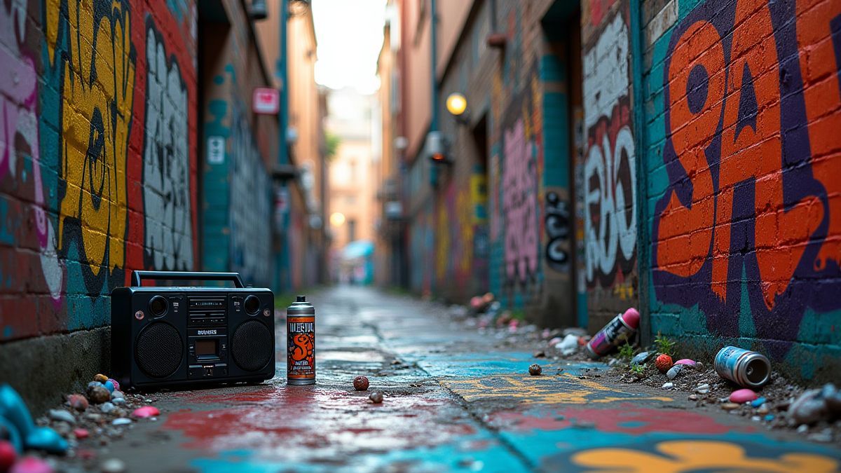 Urban alley with graffiti and spray paint cans
