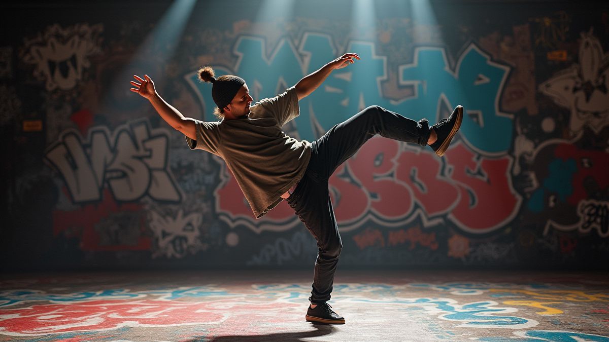 Breakdancer spinning on a stage with graffiti