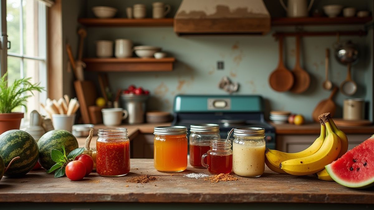 Een gezellige keuken vol potten jam en verse vruchten.