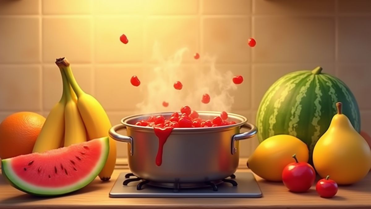 Geanimeerde vruchten die in jam veranderen in een pan.