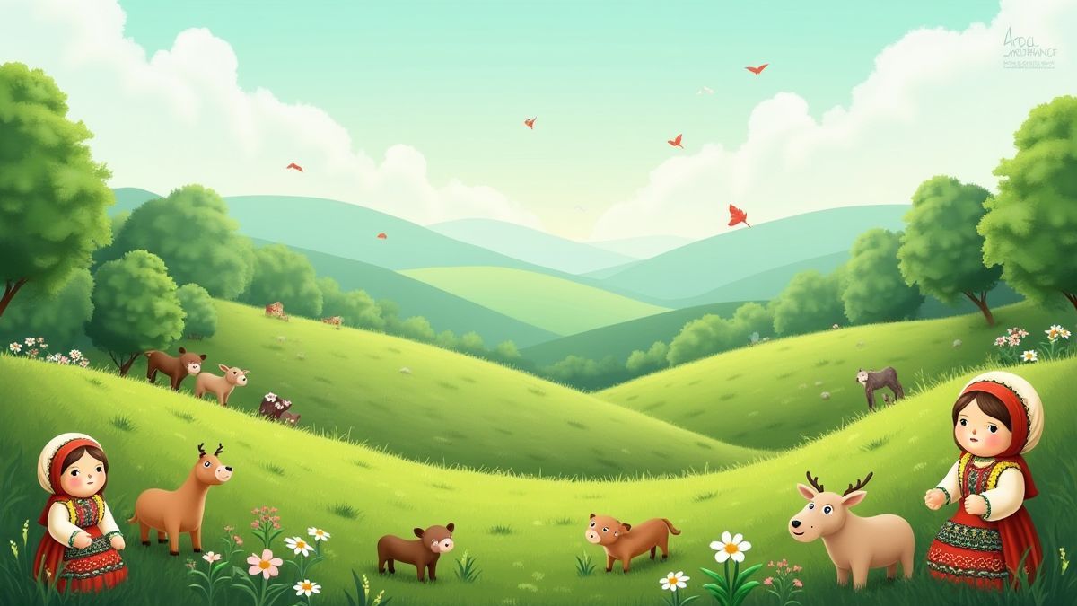 Um prado verde com colinas e elementos tradicionais russos como bonecas e animais de fazenda.