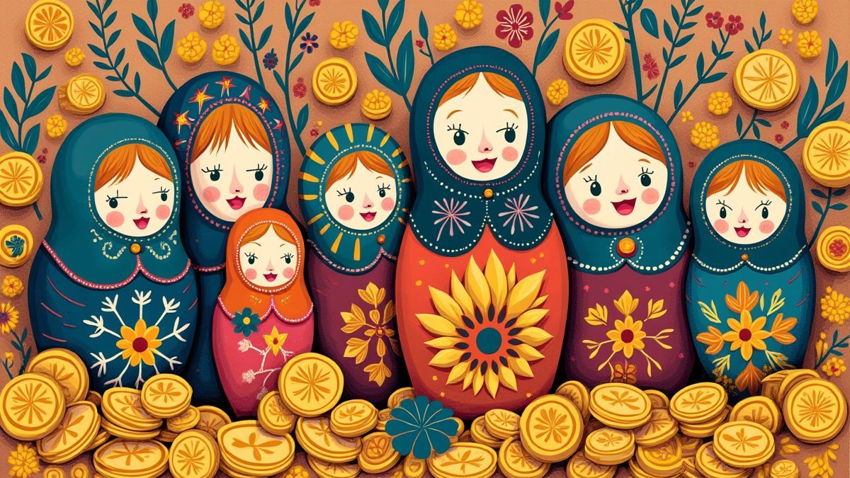 Ilustração abstracta de bonecas russas rodeadas de moedas e padrões coloridos.
