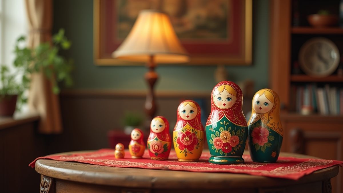 Sala rusa con muñecas Babushka sobre una mesa de madera.