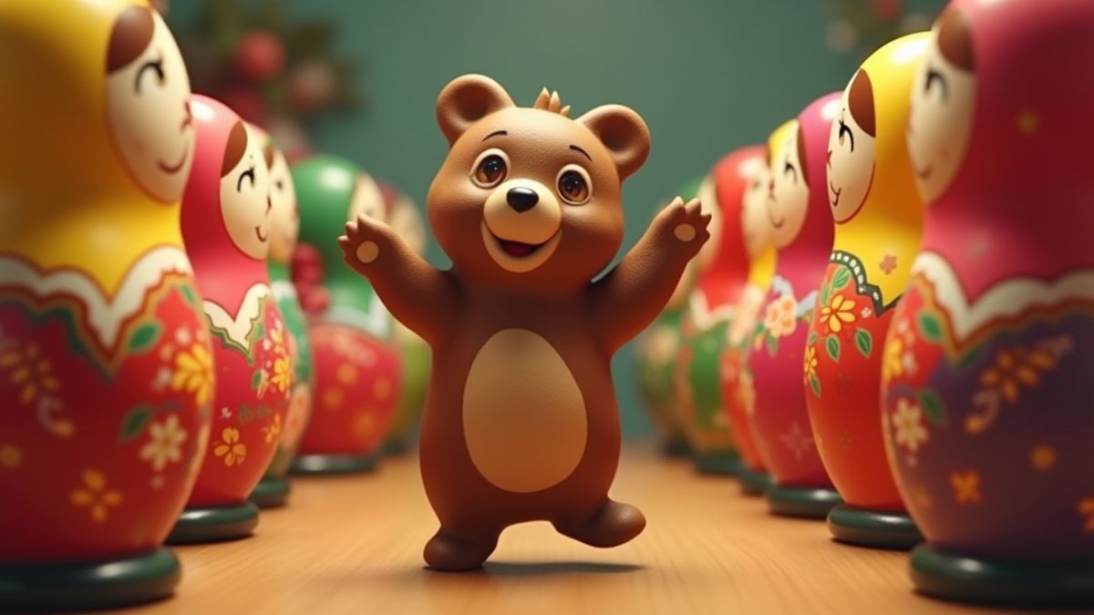 Un oso bailando entre muñecas Babushka coloridas.