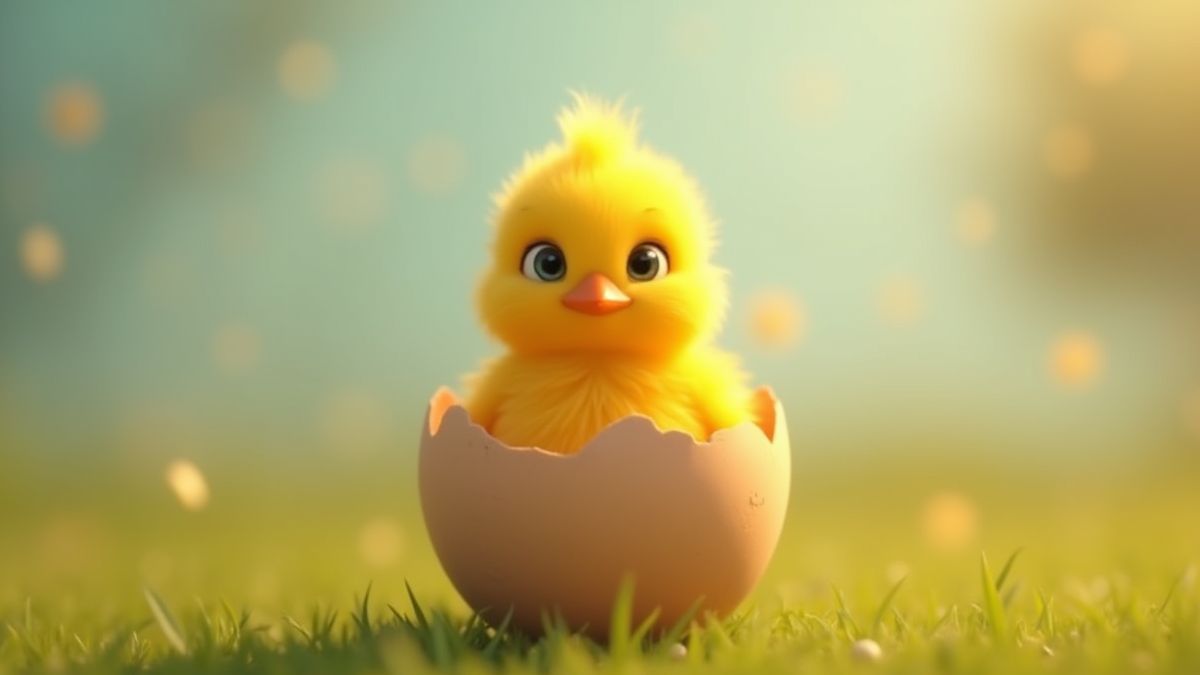Um pollito bebê saindo de um ovo de Páscoa.