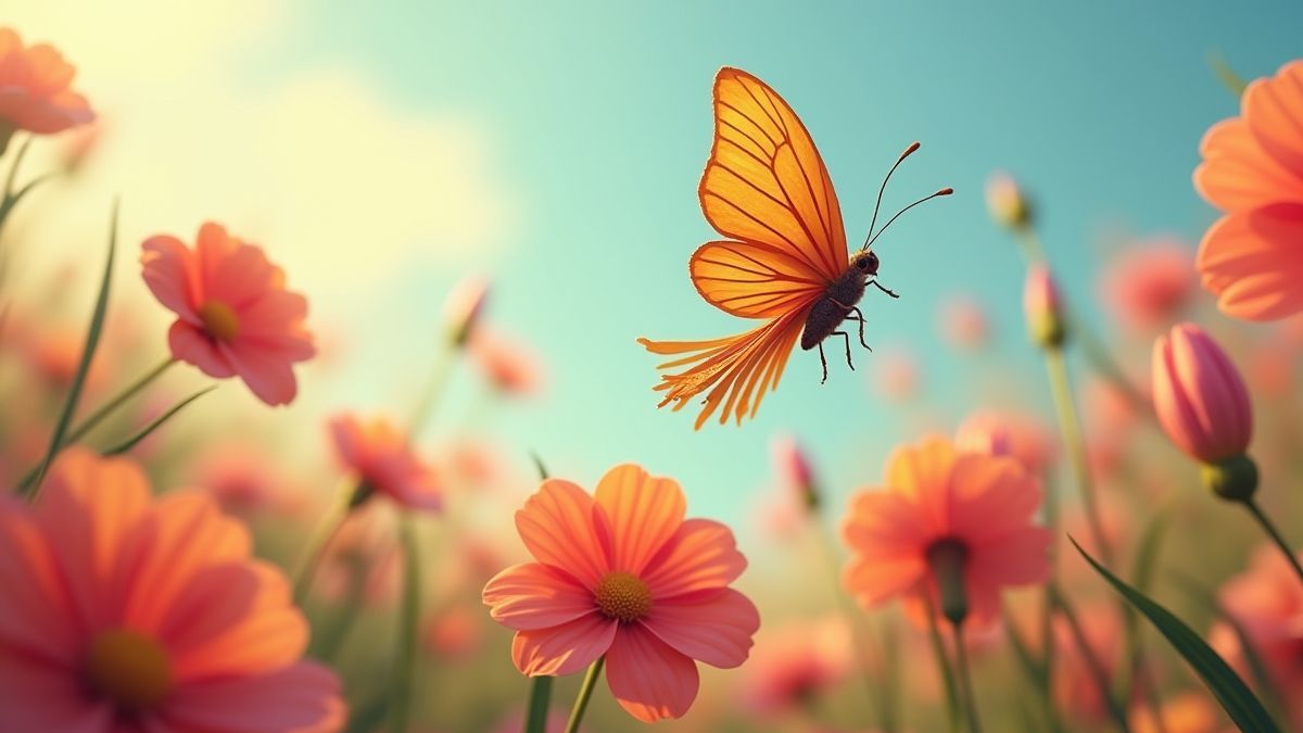 Uma borboleta voando sobre flores em pleno florecimento.