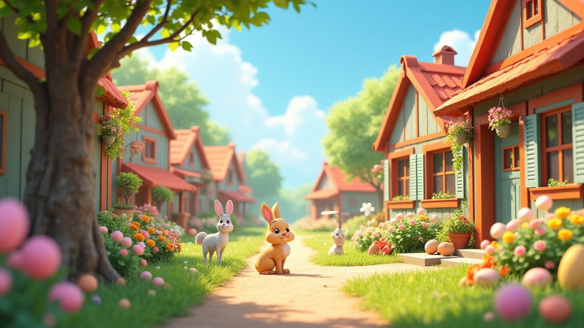 Um povoado primaveral cheio de flores, animais e decorações de Páscoa.