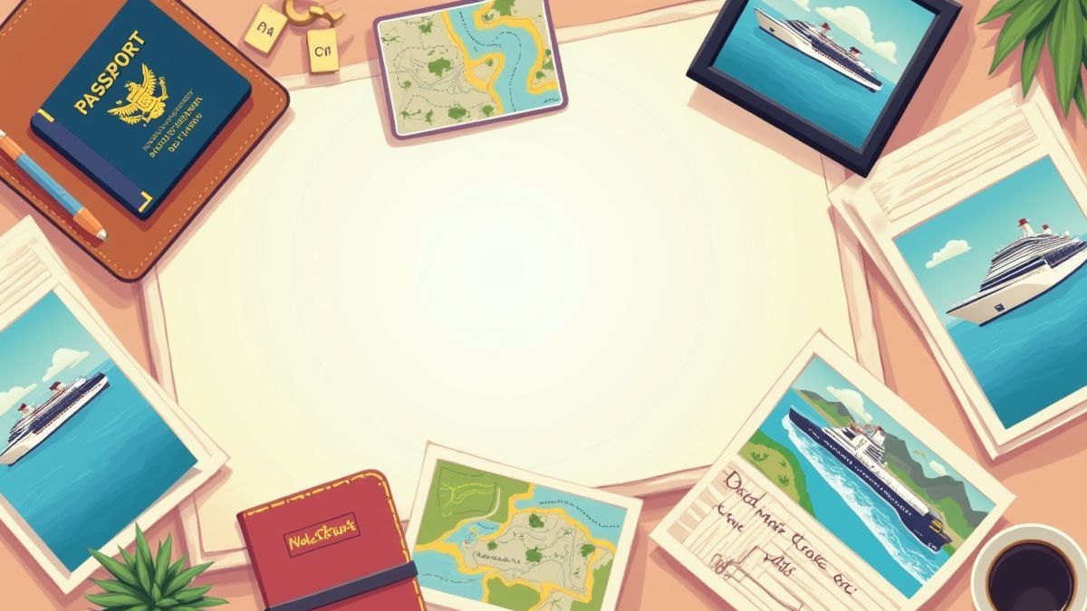 A travel agency desk with maps and cruise brochures.