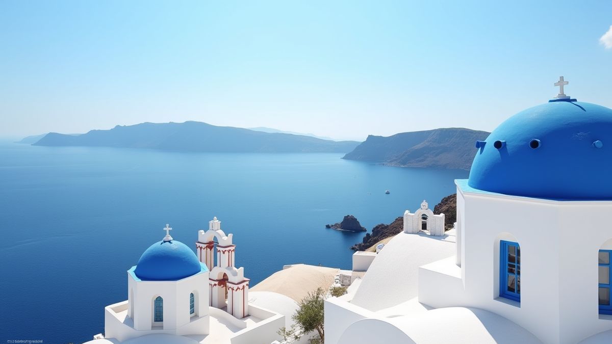 A Greek island with white buildings and blue domes.