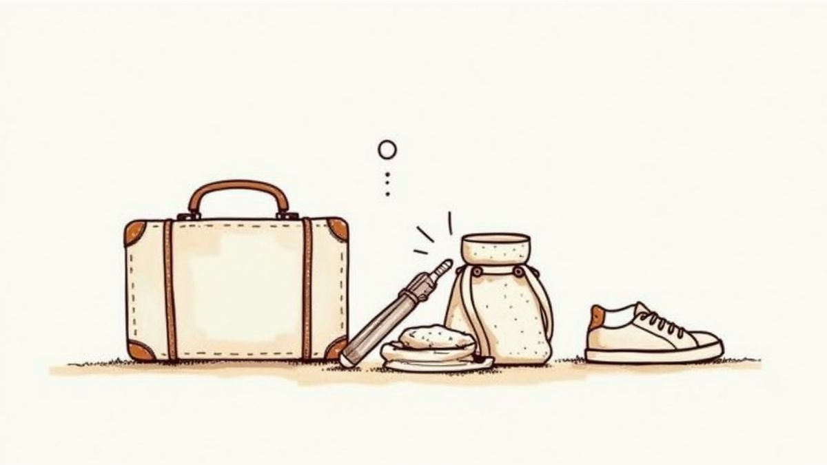 An illustration of suitcases and travel accessories drawn by hand.