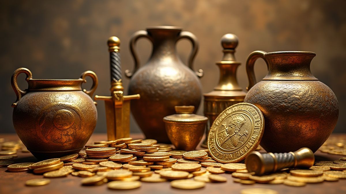 Griekse artefacten omringd door gouden munten.