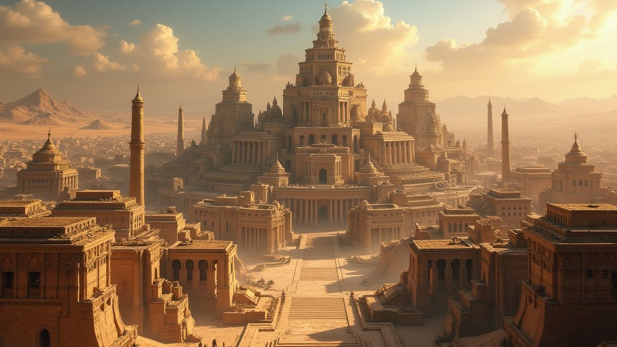 Ancient Babylonian city with detailed architecture and mythical animals.