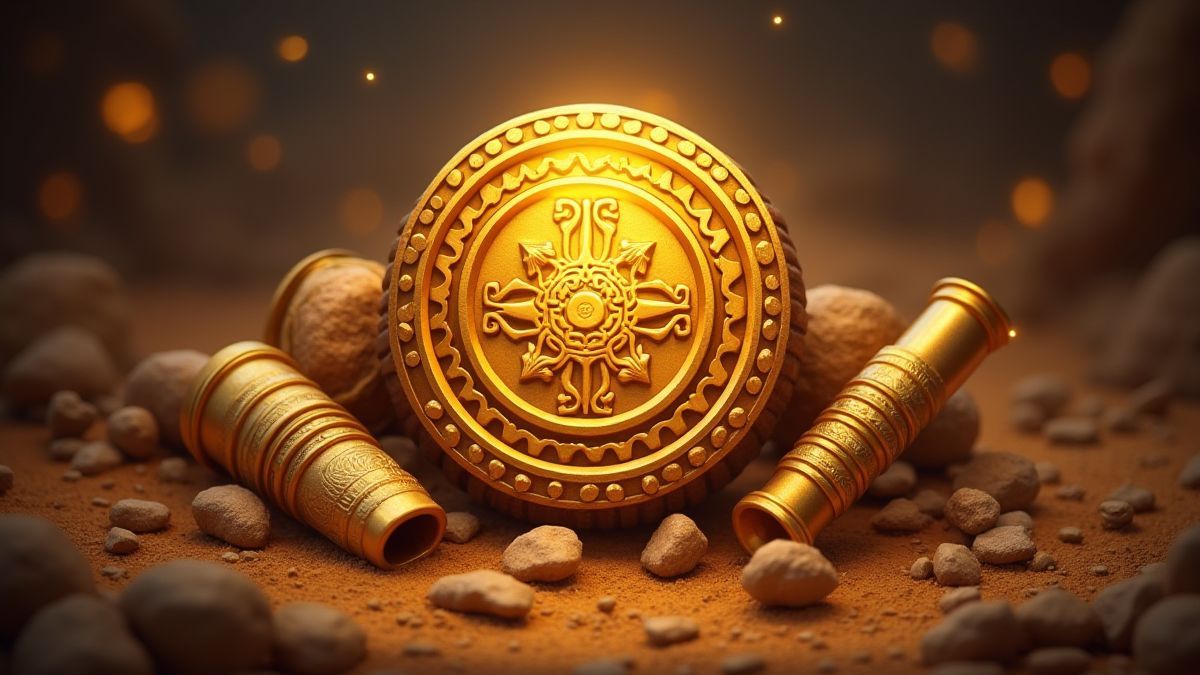 Golden Scatter symbol surrounded by ancient artifacts.
