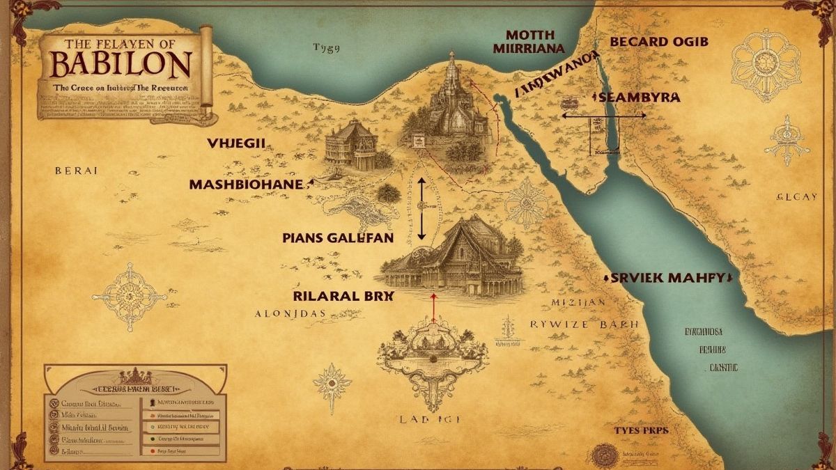 Historische kaart van het oude Babylon met gemarkeerde bezienswaardigheden en een schat aanwijzing.