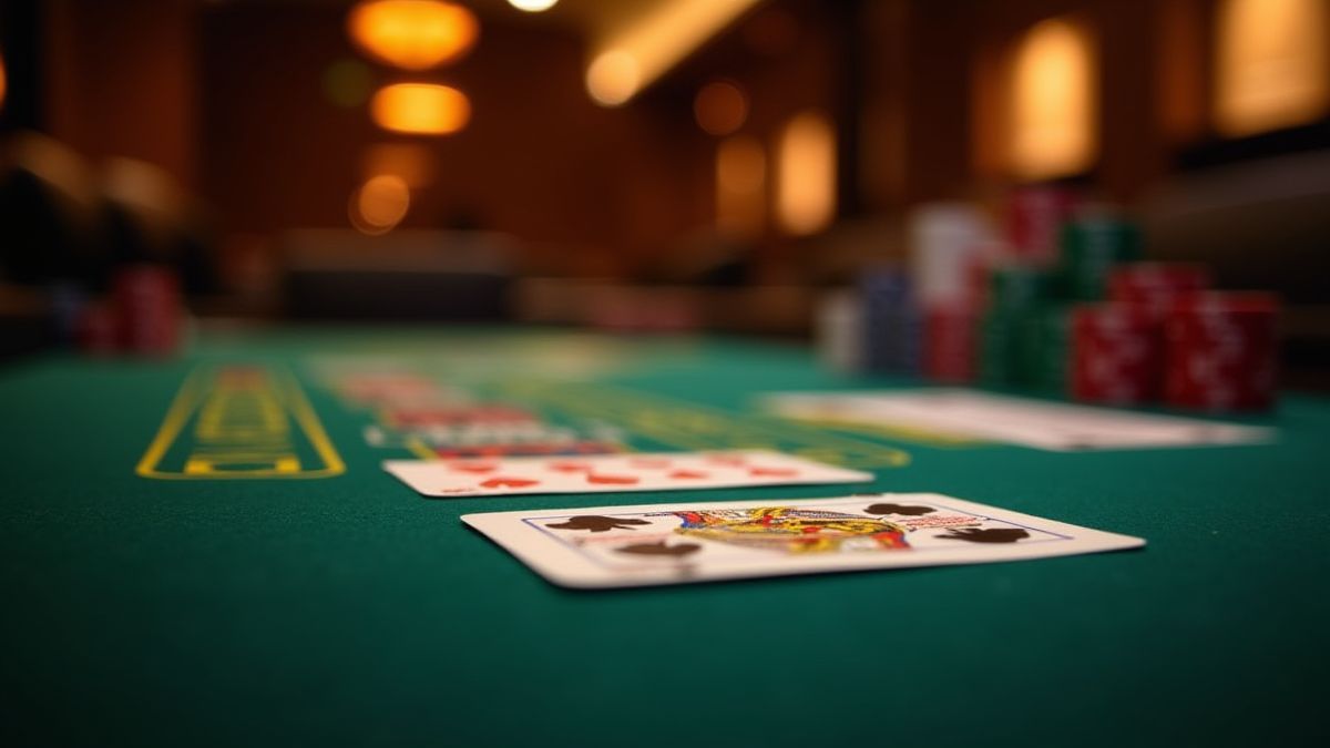 Mesa de casino con cartas de Baccarat y fichas bajo iluminación elegante.