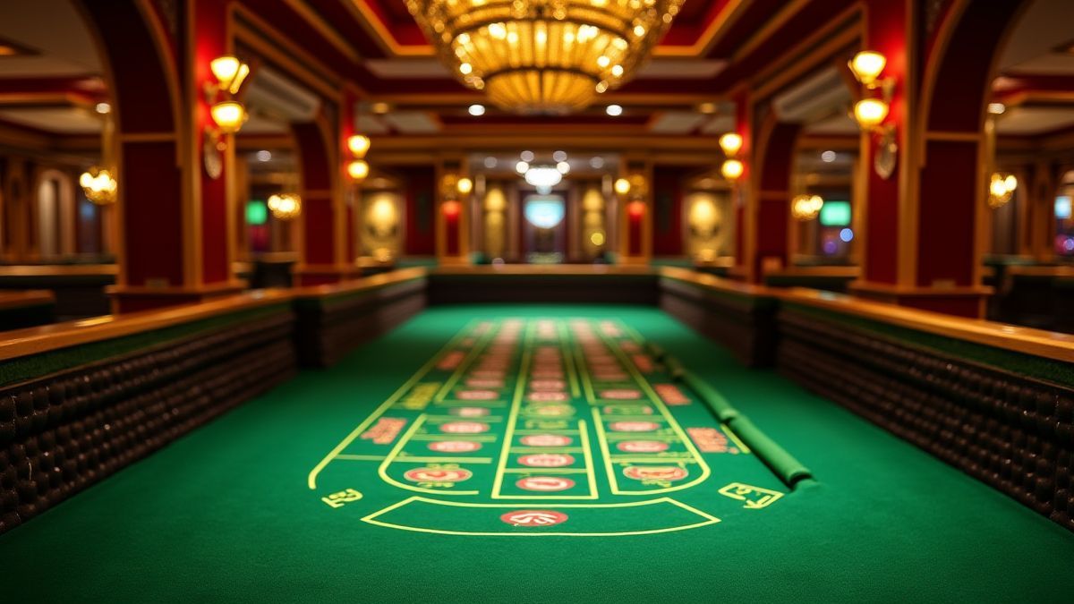 Entorno de casino lujoso con tapete verde y decoraciones doradas.