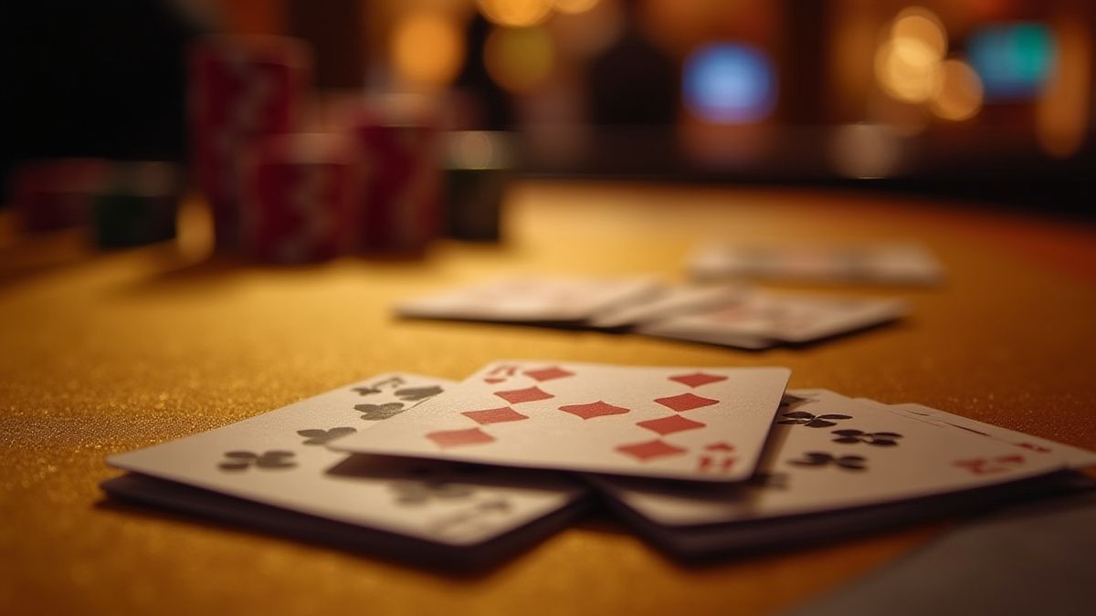 Mesa de jogo dourada com cartas e fichas